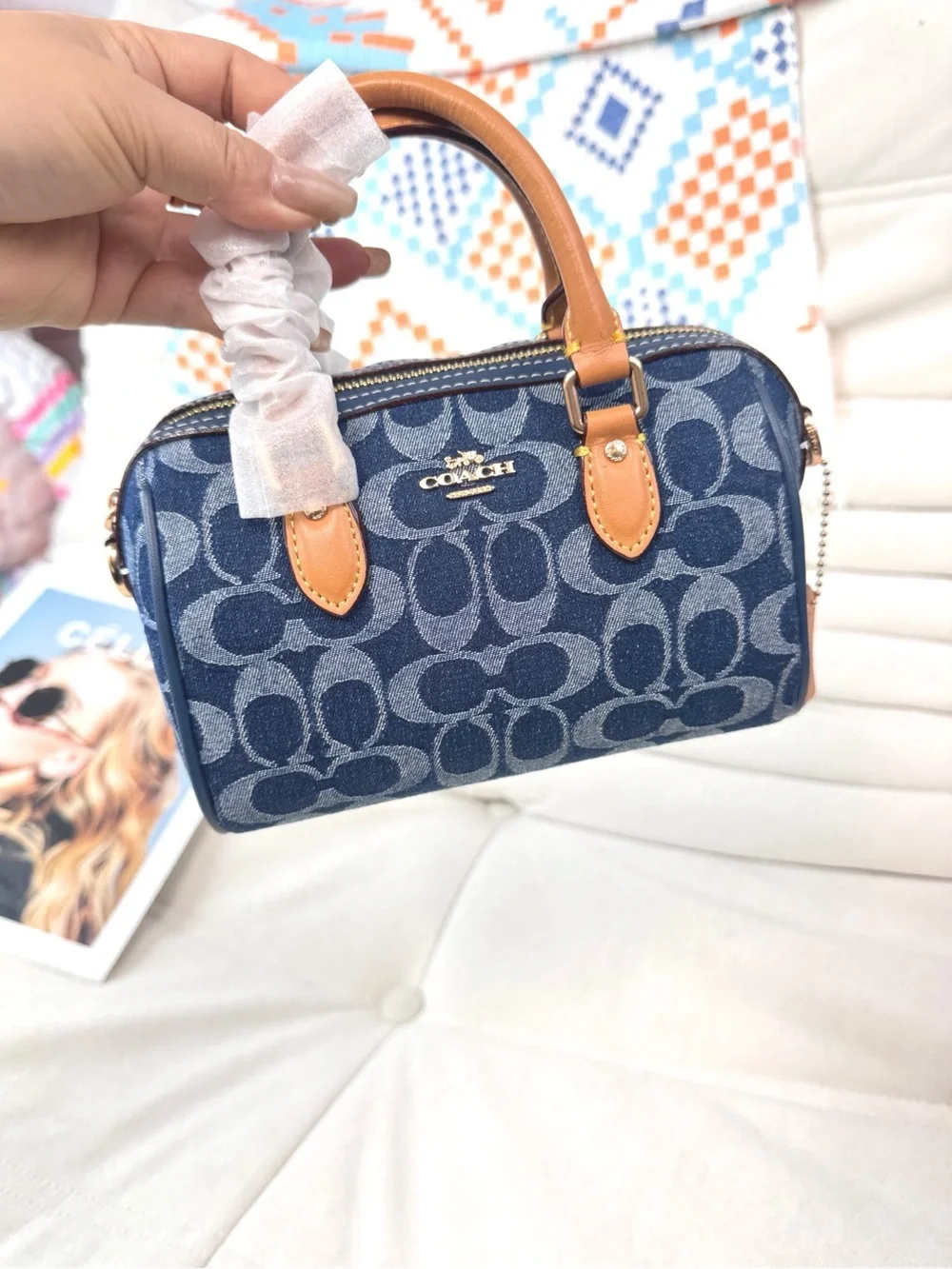 Coach Mini Satchel in Navy Signature Canvas with Tan Leather